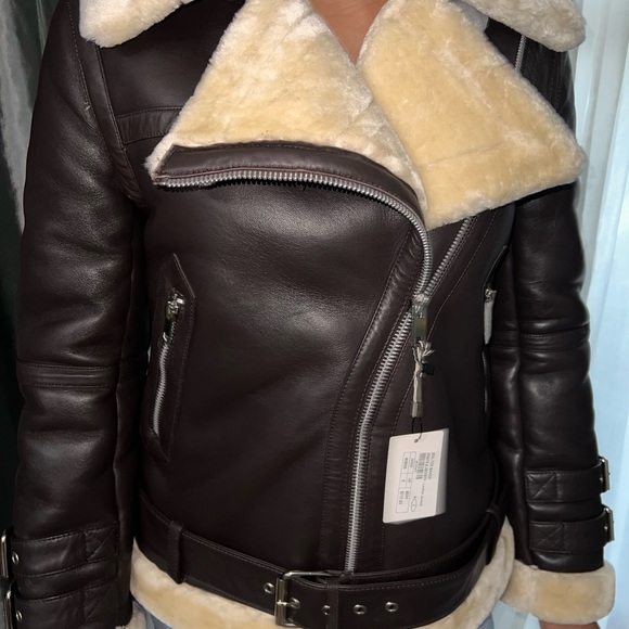 Walter Baker Dark Brown Leather Jacket with Cream Shearling - Picture 4 of 15